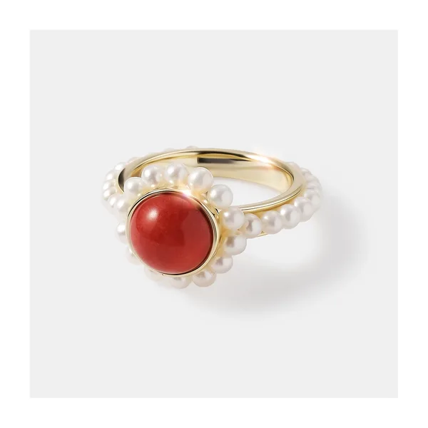 Серебряное кольцо с кораллом Салмон и жемчугом — арт. 10322-005760