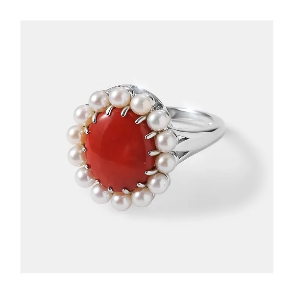 Серебряное кольцо с кораллом Салмон и жемчугом — арт. 10322-005756