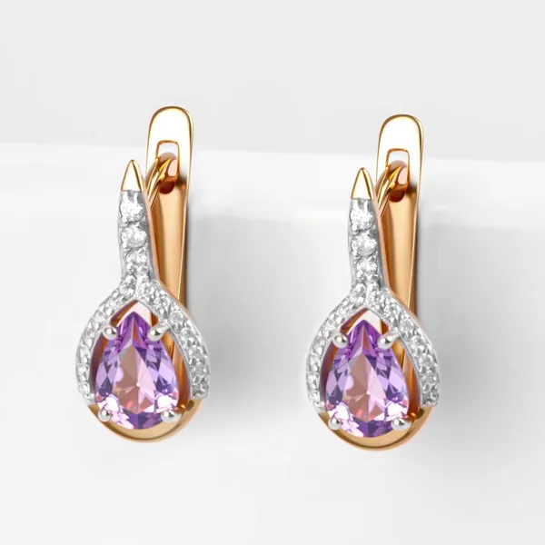 Серьги из красного золота с аметистами и фианитами — арт. 000-350555
