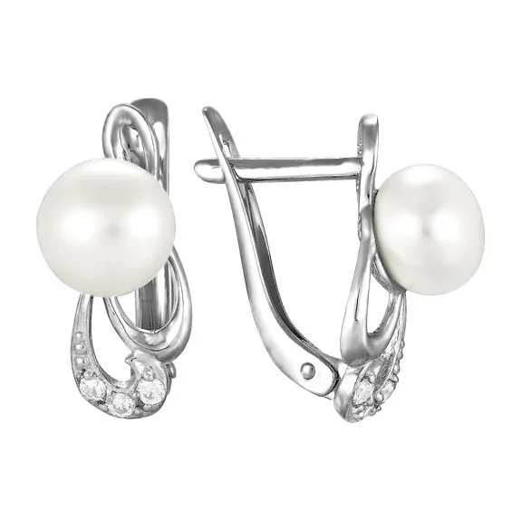 Серьги из серебра с жемчугом и фианитами — арт. 000-306968