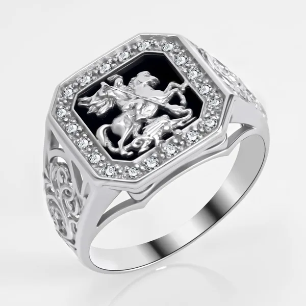 Печатка из серебра с ониксами и фианитами — арт. 000-283299