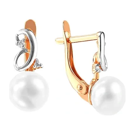Серьги из красного золота с жемчугом и фианитами — арт. 000-356383