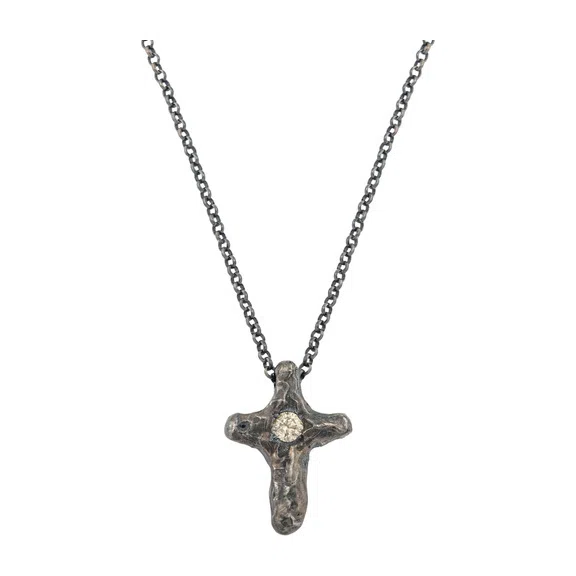 Черненое колье-крест из серебра Wabi Sabi с белым бриллиантом Kintsugi Jewelry Poison Drop — модель fuh908y — фото 2