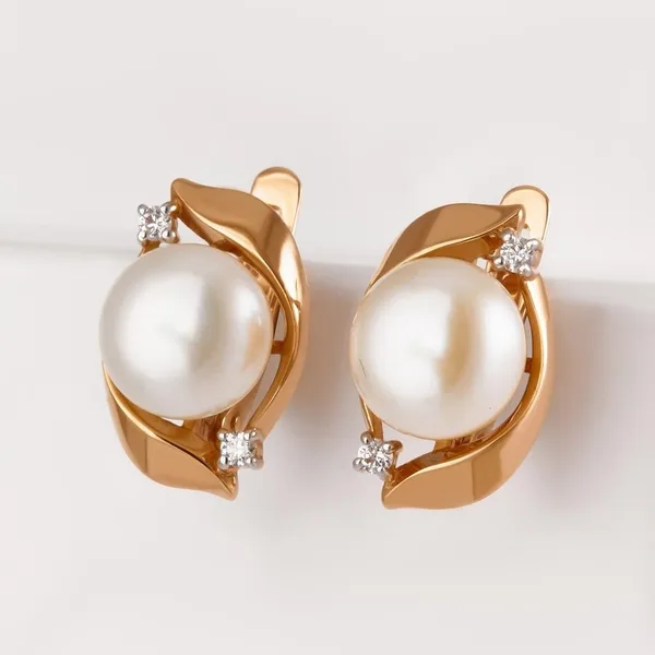 Серьги из красного золота с жемчугом и фианитами — арт. 000-325015