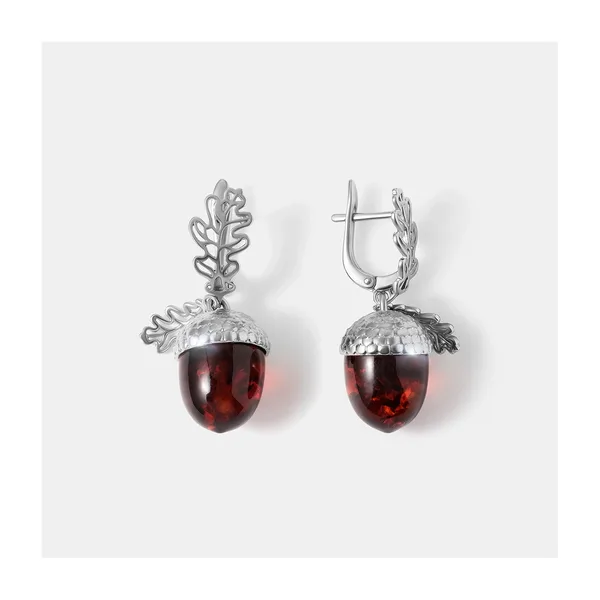 Серебряные серьги с янтарем "Желуди" — арт. 10522-001087