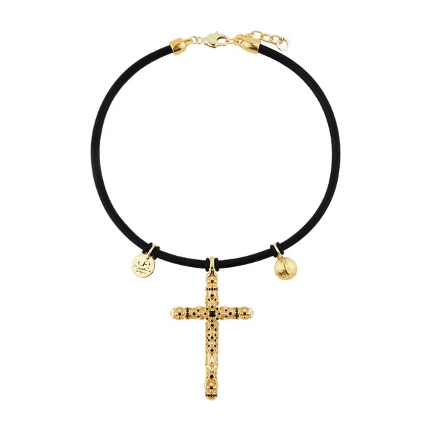 Подвеска Колье «Gothic chic» золотой крест из натуральной кожи, золота 24к и черными цирконами INDULGENCE safina concept Poison Drop — модель 97ac2ni — фото 2