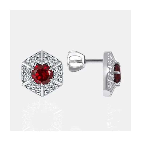 Серьги гвоздики из серебра с гранатами и фианитами — арт. 000-399672